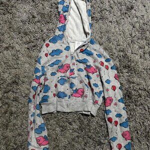 No Boundaries 2000s Graphic flying Pigs Cropped Hoodie Size L Juniors